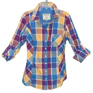 Guess Long Sleeve Button Up Plaid Shirt - Blouse Medium